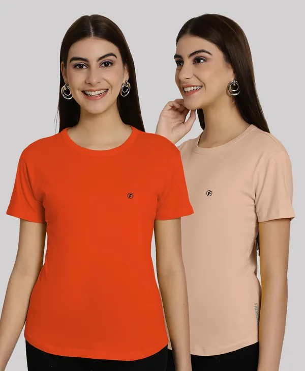 Pack_of_2_Orange_&_Coral_Cotton_Round_Neck_T-Shirt_For_Women