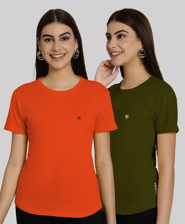 Pack_of_2_Orange_&_Olive_Green_Cotton_Round_Neck_T-Shirt_For_Women