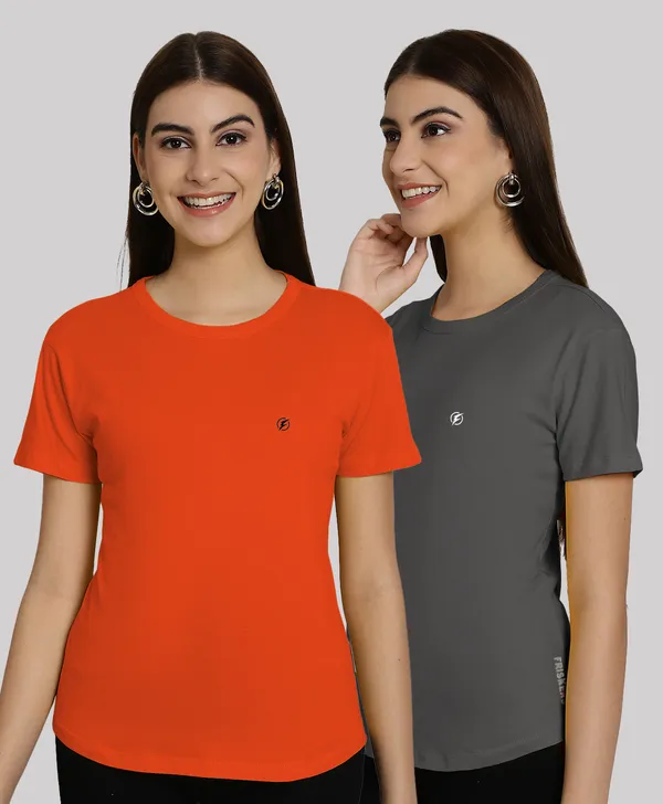 Pack_of_2_Orange_&_Grey_Cotton_Round_Neck_T-Shirt_For_Women