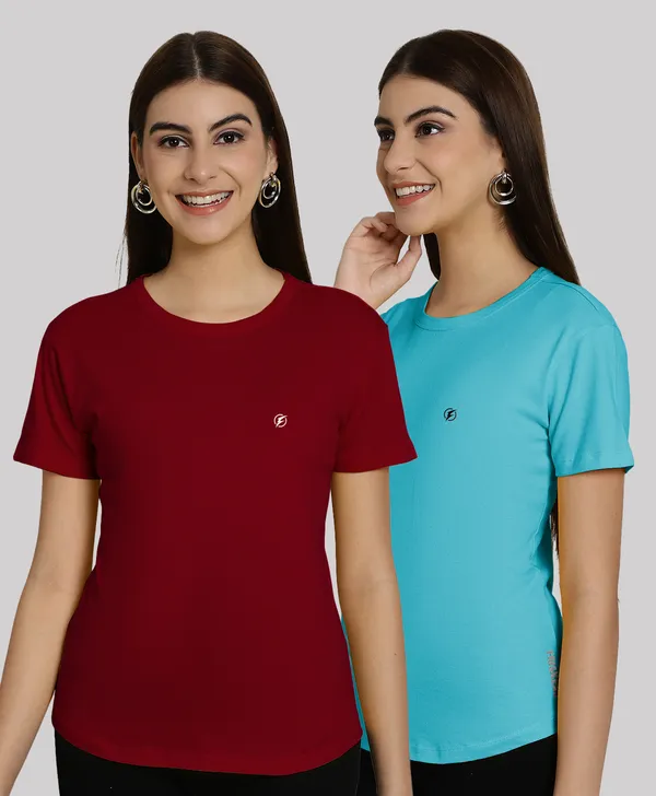 Pack_of_2_Maroon_&_Turquoise_Blue_Cotton_Round_Neck_T-Shirt_For_Women