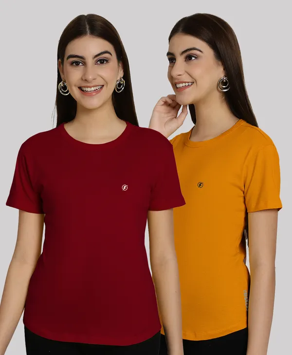 Pack_of_2_Maroon_&_Mustard_Cotton_Round_Neck_T-Shirt_For_Women