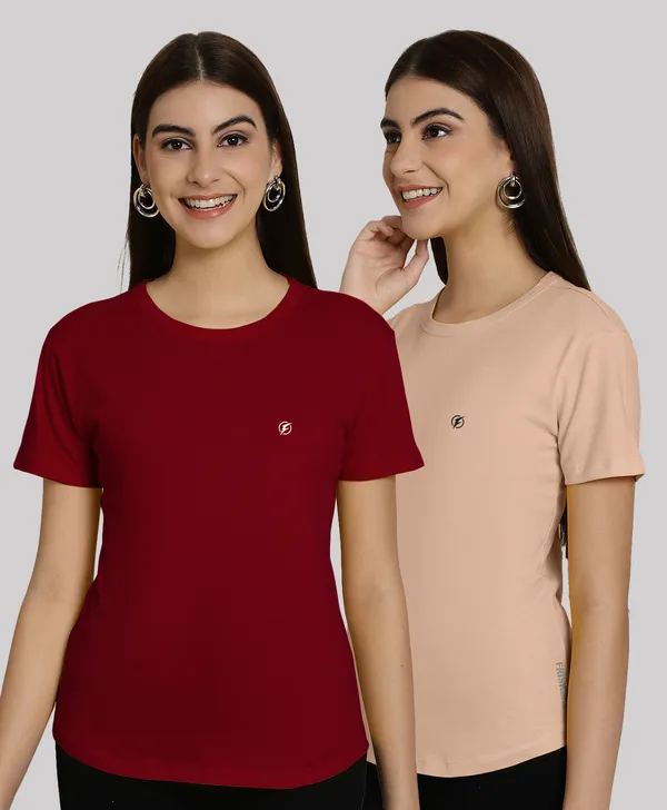 Pack_of_2_Maroon_&_Coral_Cotton_Round_Neck_T-Shirt_For_Women