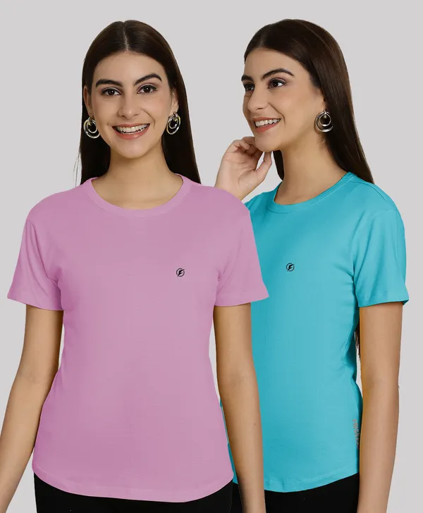 Pack_of_2_Purple_&_Turquoise_Blue_Cotton_Round_Neck_T-Shirt_For_Women