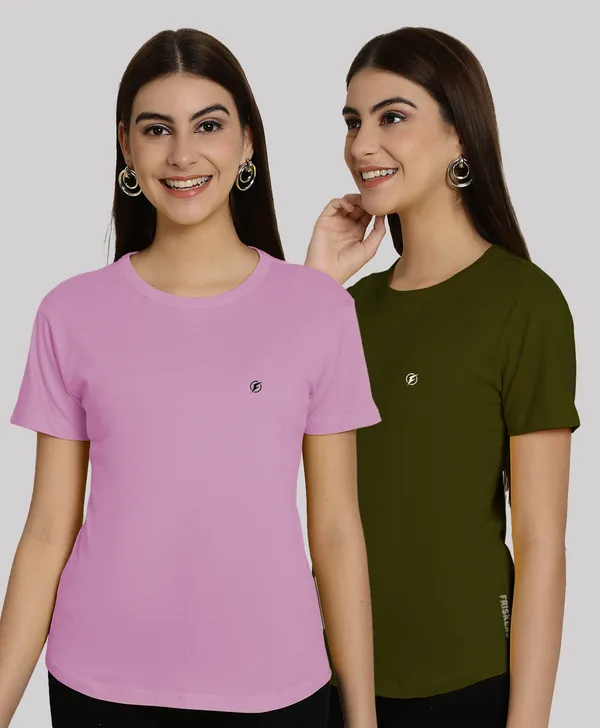 Pack_of_2_Purple_&_Olive_Green_Cotton_Round_Neck_T-Shirt_For_Women