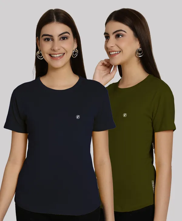 Pack_of_2_Navy_Blue_&_Olive_Green_Cotton_Round_Neck_T-Shirt_For_Women