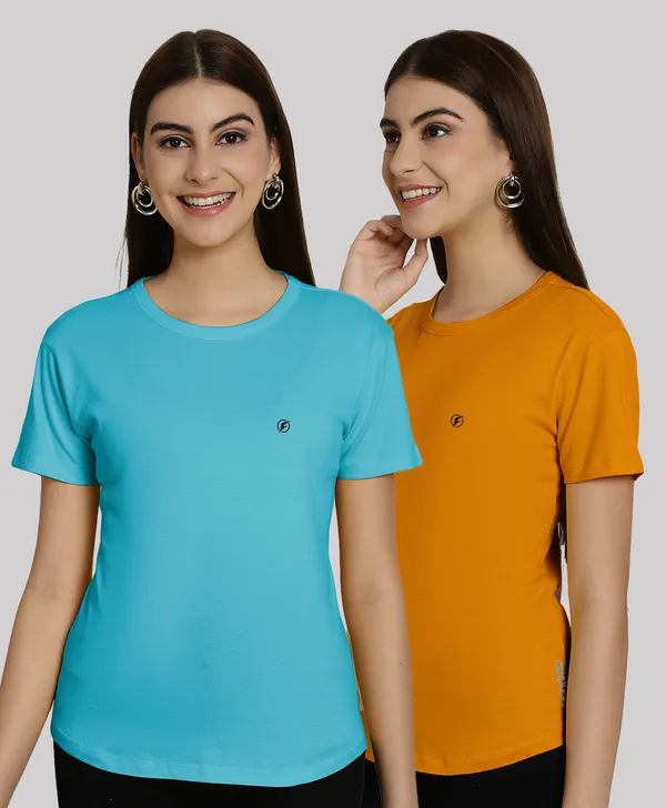 Pack_of_2_Turquoise_Blue_&_Mustard_Cotton_Round_Neck_T-Shirt_For_Women
