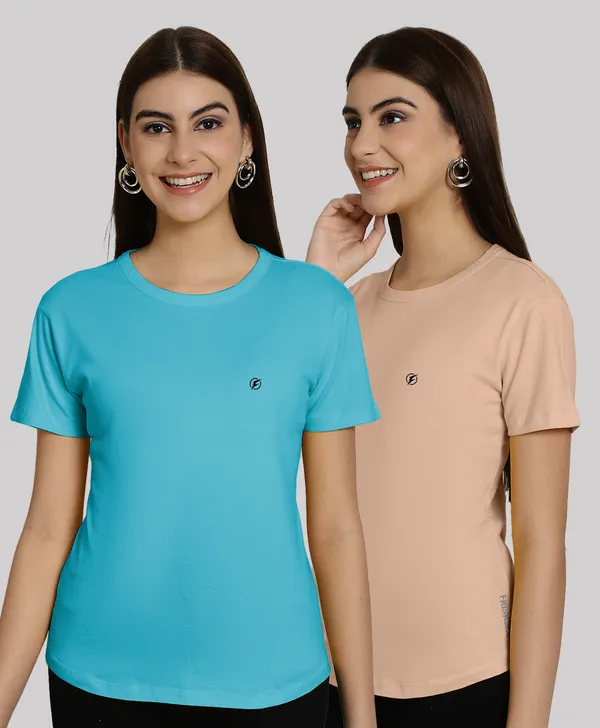 Pack_of_2_Turquoise_Blue_&_Coral_Cotton_Round_Neck_T-Shirt_For_Women