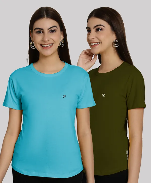 Pack_of_2_Turquoise_Blue_&_Olive_Green_Cotton_Round_Neck_T-Shirt_For_Women