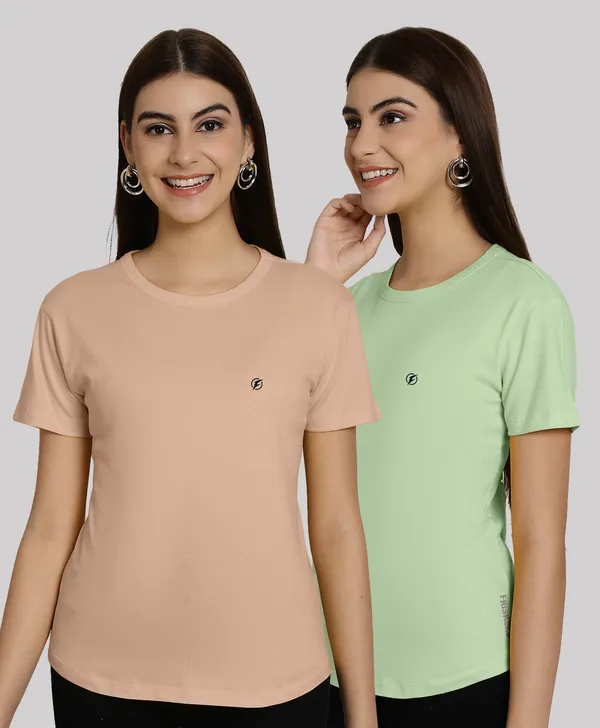 Pack_of_2_Coral_&_Sea_Green_Cotton_Round_Neck_T-Shirt_For_Women
