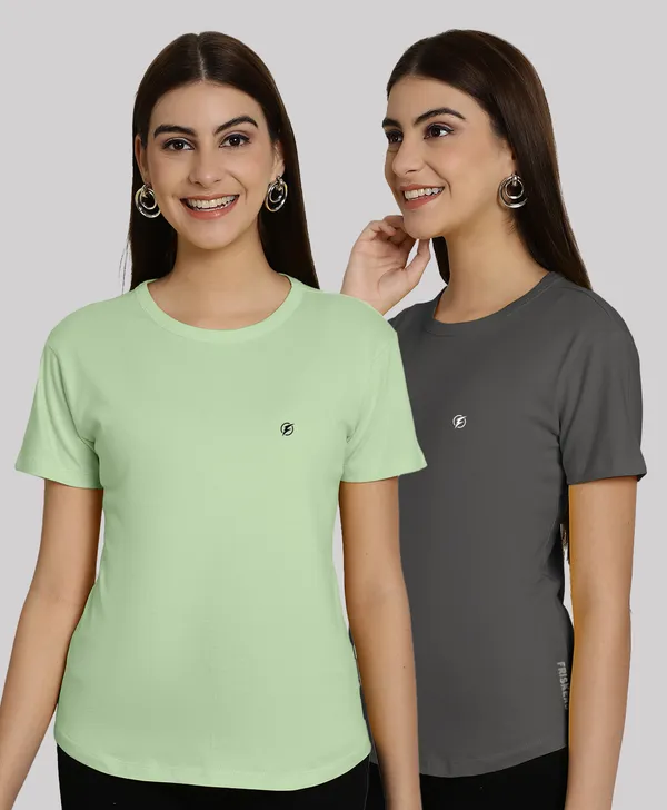 Pack_of_2_Sea_Green_&_Grey_Cotton_Round_Neck_T-Shirt_For_Women