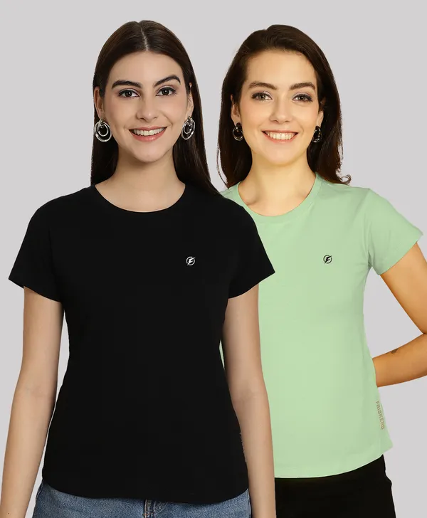 Pack_of_2_Black_&_Sea_Green_Cotton_Round_Neck_T-Shirt_For_Women