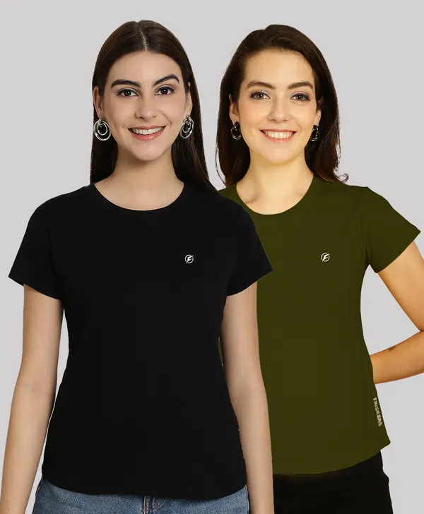 Pack_of_2_Black_&_Olive_Green_Cotton_Round_Neck_T-Shirt_For_Women