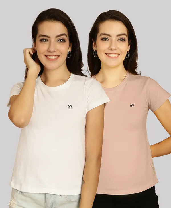Pack_of_2_White_&_Coral_Cotton_Round_Neck_T-Shirt_For_Women