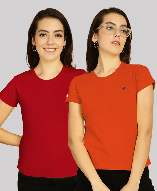 Pack_of_2_Red_&_Orange_Cotton_Round_Neck_T-Shirt_For_Women
