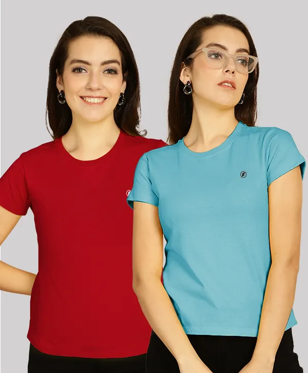 Pack_of_2_Red_&_Turquoise_Blue_Cotton_Round_Neck_T-Shirt_For_Women