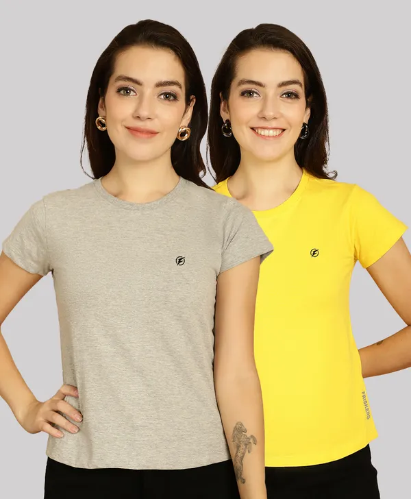 Pack_of_2_Grey_&_Yellow_Cotton_Round_Neck_T-Shirt_For_Women