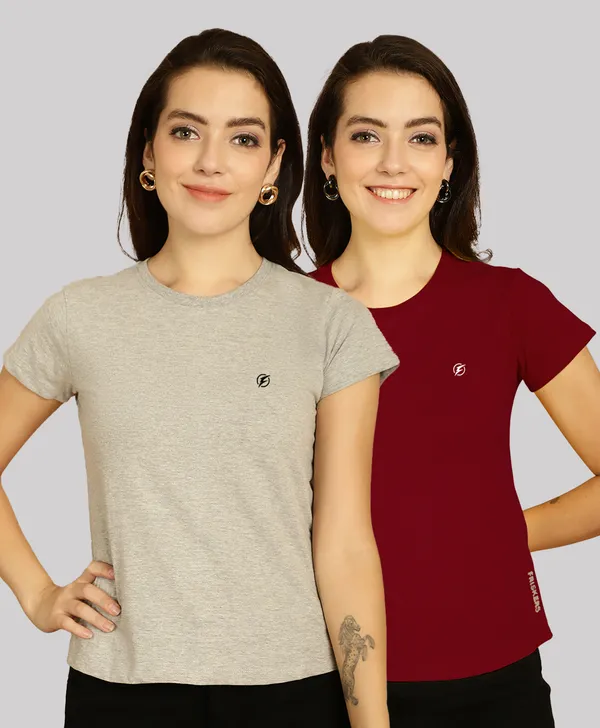Pack_of_2_Grey_&_Maroon_Cotton_Round_Neck_T-Shirt_For_Women