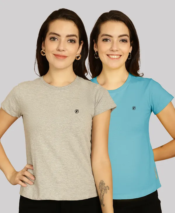 Pack_of_2_Grey_&_Turquoise_Blue_Cotton_Round_Neck_T-Shirt_For_Women