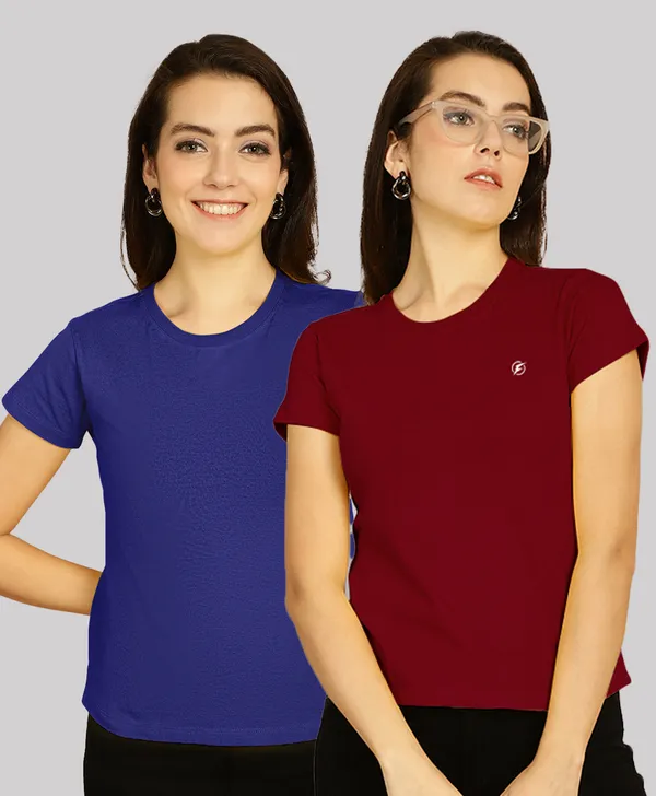 Pack_of_2_Blue_&_Maroon_Cotton_Round_Neck_T-Shirt_For_Women