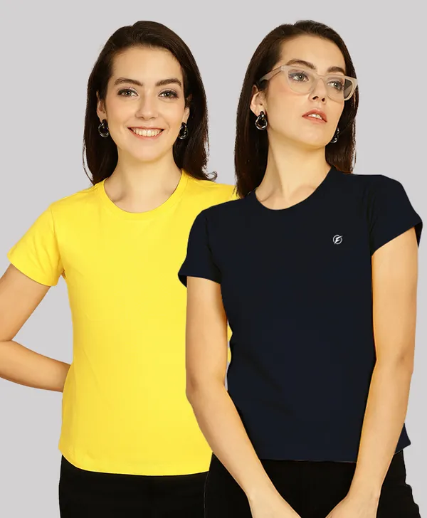 Pack_of_2_Yellow_&_Navy_Blue_Cotton_Round_Neck_T-Shirt_For_Women