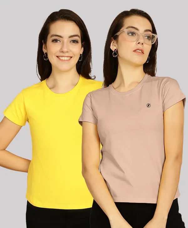 Pack_of_2_Yellow_&_Coral_Cotton_Round_Neck_T-Shirt_For_Women