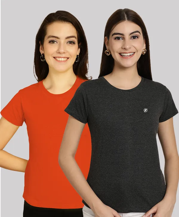 Pack_of_2_Orange_&_Grey_Cotton_Round_Neck_T-Shirt_For_Women