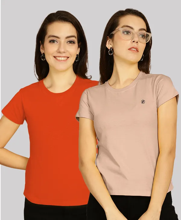 Pack_of_2_Orange_&_Coral_Cotton_Round_Neck_T-Shirt_For_Women