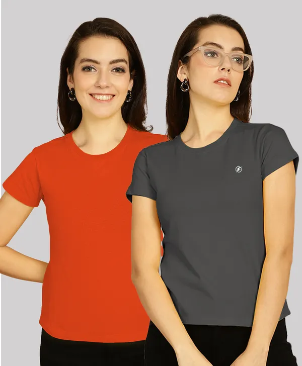 Pack_of_2_Orange_&_Grey_Cotton_Round_Neck_T-Shirt_For_Women