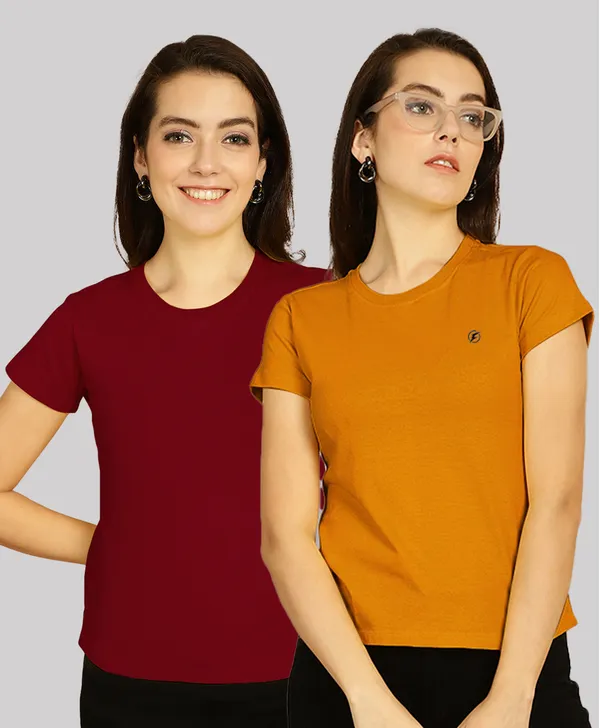 Pack_of_2_Maroon_&_Mustard_Cotton_Round_Neck_T-Shirt_For_Women