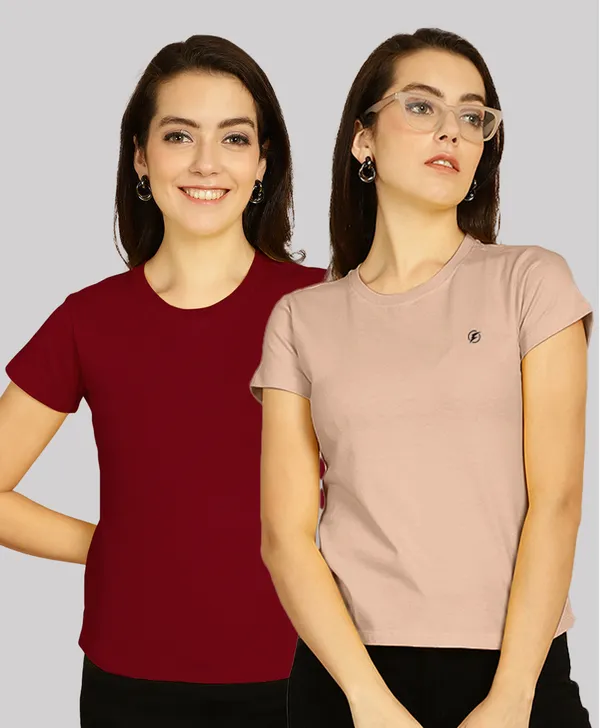Pack_of_2_Maroon_&_Coral_Cotton_Round_Neck_T-Shirt_For_Women
