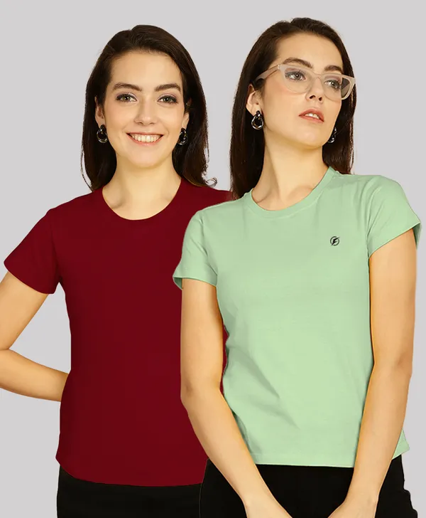 Pack_of_2_Maroon_&_Sea_Green_Cotton_Round_Neck_T-Shirt_For_Women