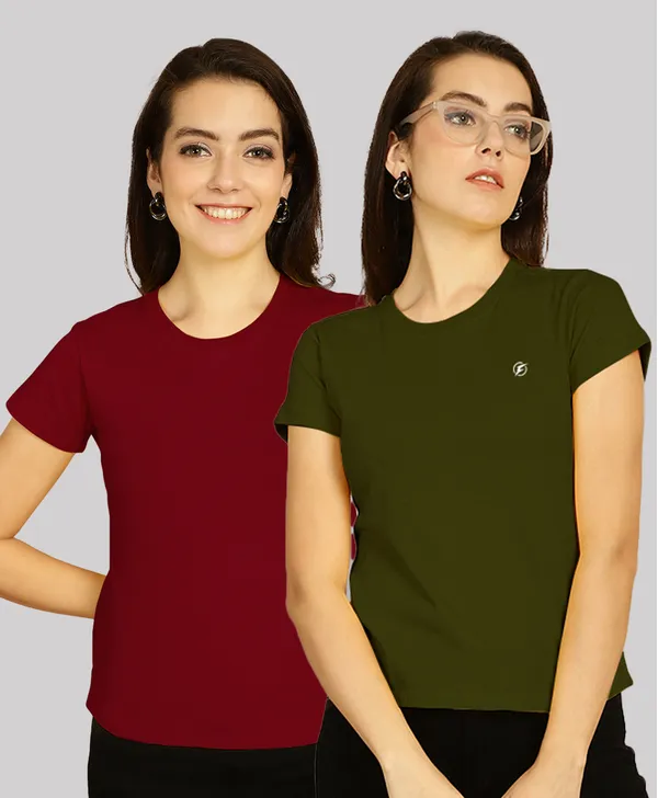 Pack_of_2_Maroon_&_Olive_Green_Cotton_Round_Neck_T-Shirt_For_Women