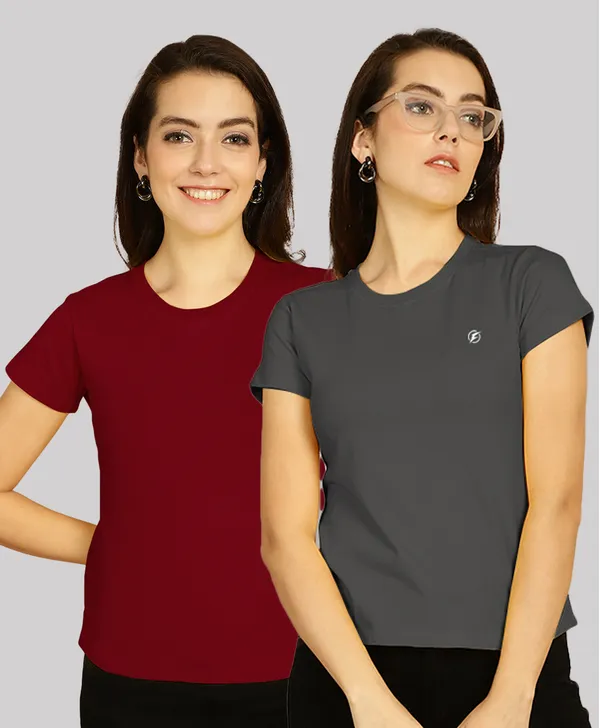 Pack_of_2_Maroon_&_Grey_Cotton_Round_Neck_T-Shirt_For_Women