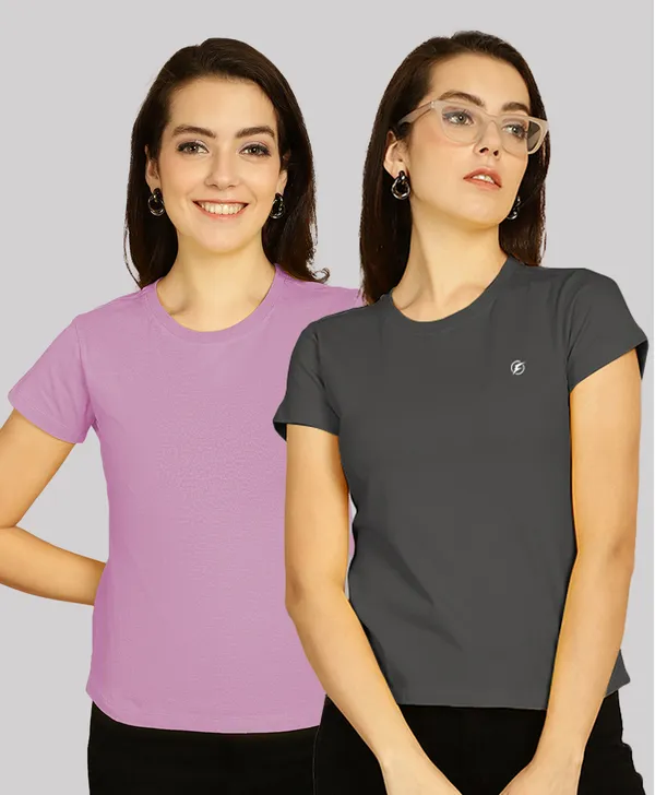Pack_of_2_Purple_&_Solid_Grey_Cotton_Round_Neck_T-Shirt_For_Women