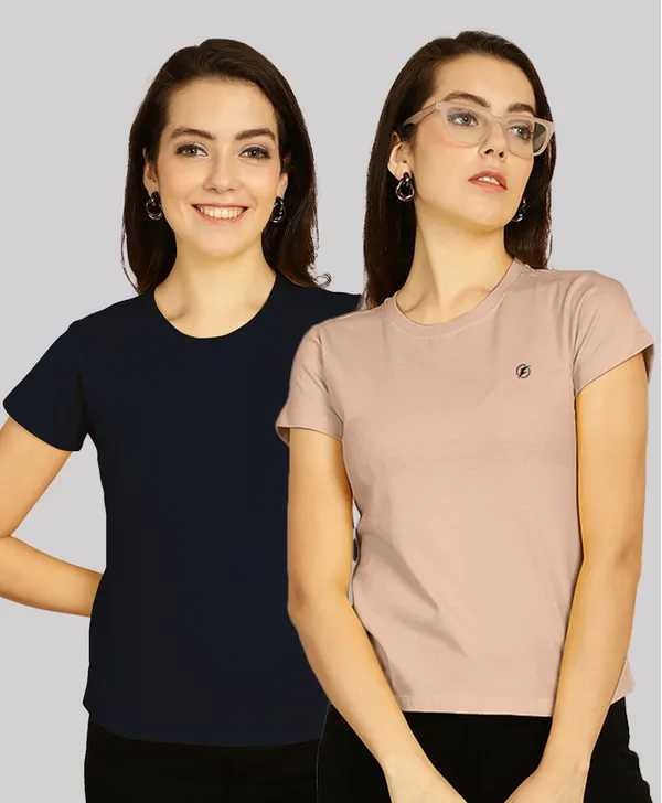 Pack_of_2_Navy_Blue_&_Coral_Cotton_Round_Neck_T-Shirt_For_Women