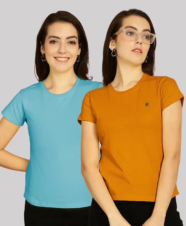 Pack_of_2_Turquoise_Blue_&_Mustard_Cotton_Round_Neck_T-Shirt_For_Women