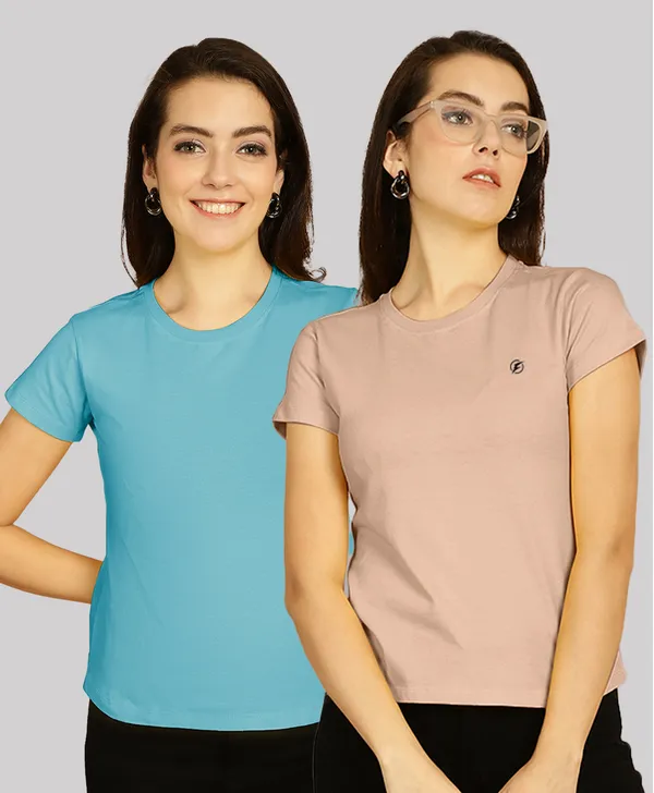 Pack_of_2_Turquoise_Blue_&_Coral_Cotton_Round_Neck_T-Shirt_For_Women