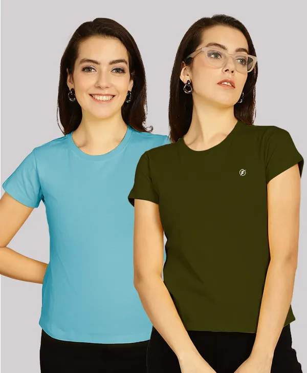 Pack_of_2_Turquoise_Blue_&_Olive_Green_Cotton_Round_Neck_T-Shirt_For_Women