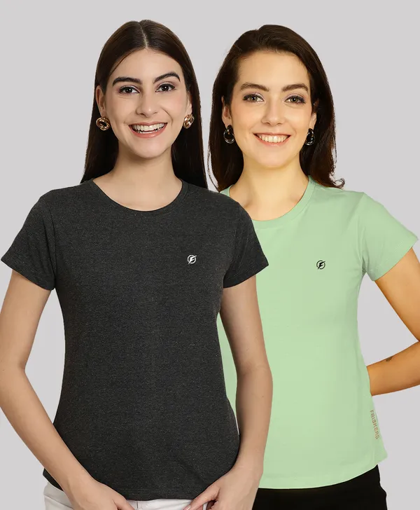 Pack_of_2_Grey_&_Sea_Green_Cotton_Round_Neck_T-Shirt_For_Women