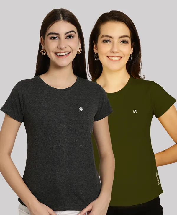 Pack_of_2_Grey_&_Olive_Green_Cotton_Round_Neck_T-Shirt_For_Women