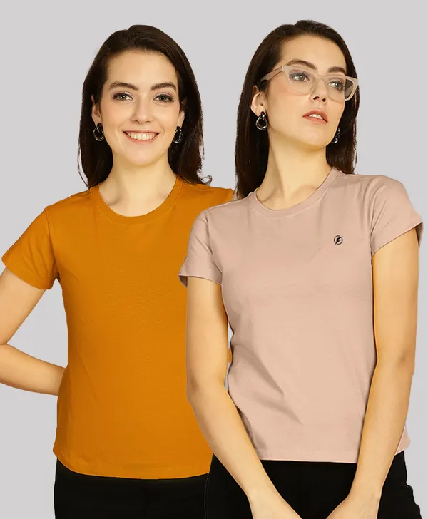 Pack_of_2_Mustard_&_Coral_Cotton_Round_Neck_T-Shirt_For_Women