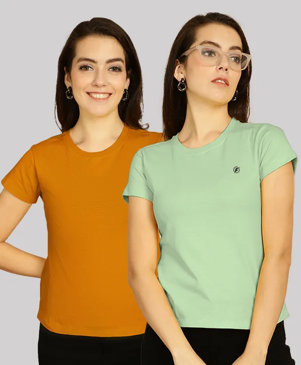 Pack_of_2_Mustard_&_Sea_Green_Cotton_Round_Neck_T-Shirt_For_Women