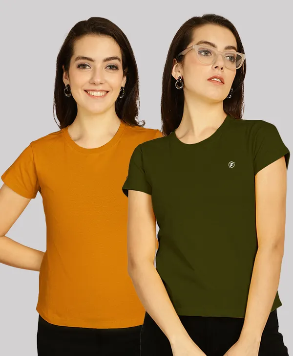 Pack_of_2_Mustard_&_Olive_Green_Cotton_Round_Neck_T-Shirt_For_Women