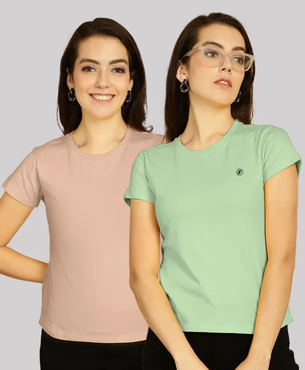 Pack_of_2_Coral_&_Sea_Green_Cotton_Round_Neck_T-Shirt_For_Women
