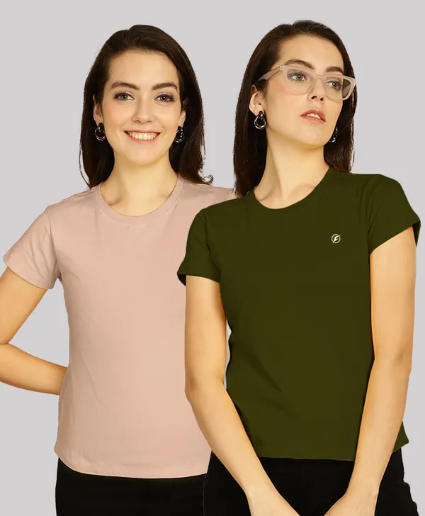 Pack_of_2_Coral_&_Olive_Green_Cotton_Round_Neck_T-Shirt_For_Women