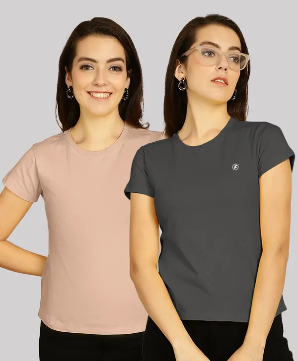 Pack_of_2_Coral_&_Grey_Cotton_Round_Neck_T-Shirt_For_Women