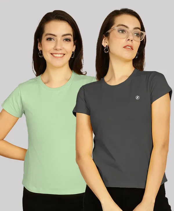 Pack_of_2_Sea_Green_&_Grey_Cotton_Round_Neck_T-Shirt_For_Women