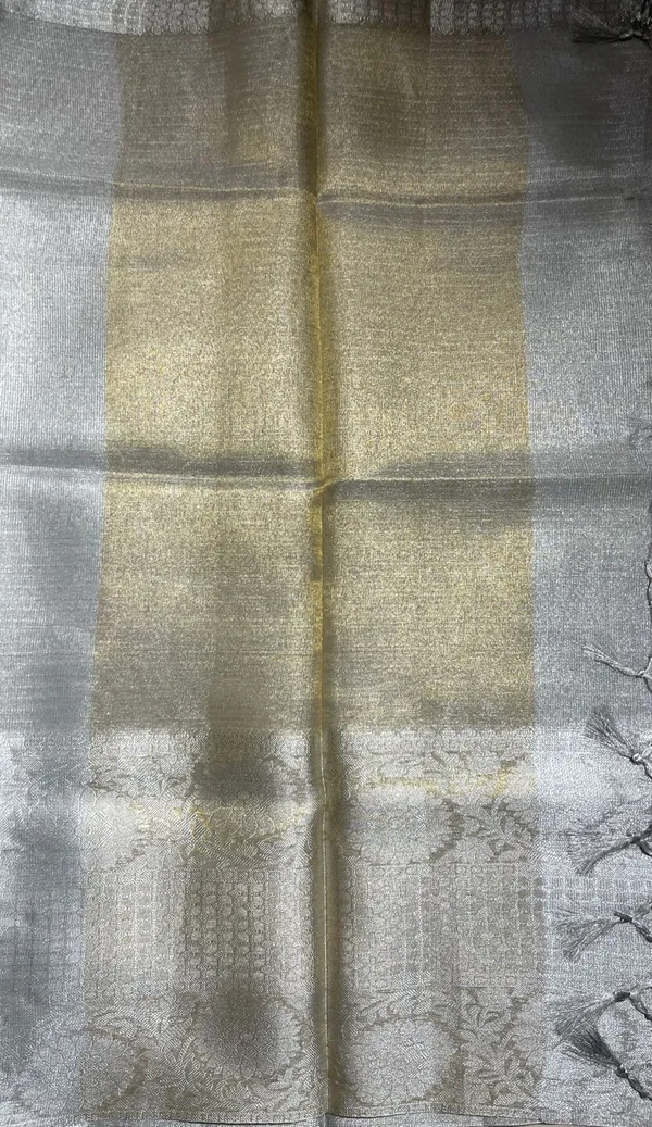 Humairah_Presents_Silver_Supernet_Banarasi_Tissue_Zari_Stripe_Skirt_Floral_Zari_Border_and_Contrast_Gold_Pallu_with_Silver_Blouse_Banarasi_Saree