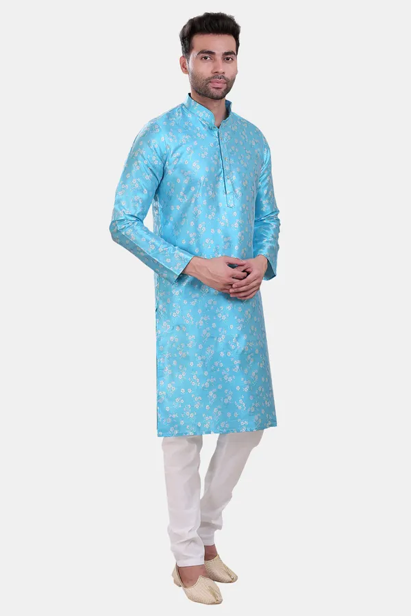 Floral_Print_Sky_Blue_Jacquard_Kurta_With_Paijama