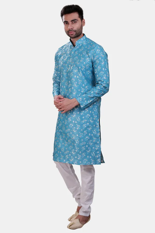 Floral_Print_Sky_Blue_Jacquard_Kurta_With_Paijama